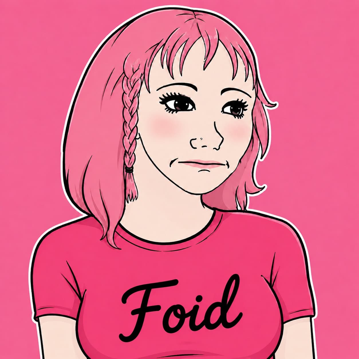 Foid, the pink-haired fictional meme character in a pink Foid shirt