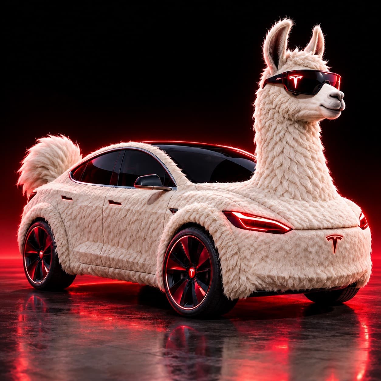 The original white Tesllama vehicle concept